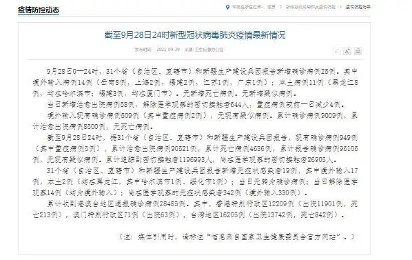 9月28日全国疫情通报：新增确诊病例25例，含本土11例